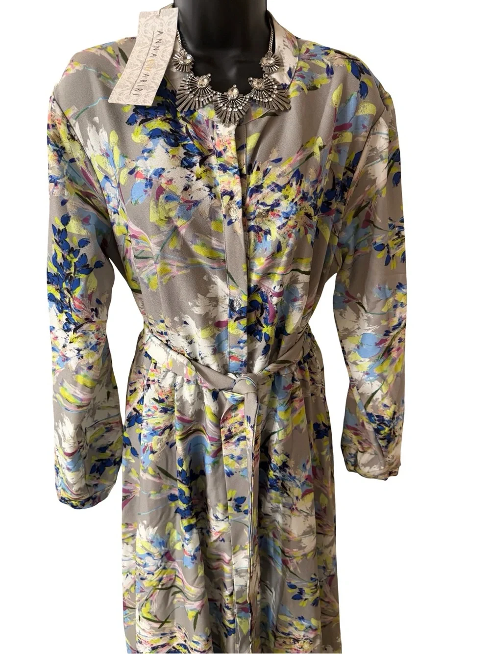 NWT Annahhariri Floral Long Sleeve Belted Maxi Dress in Gray - Picture 9 of 12